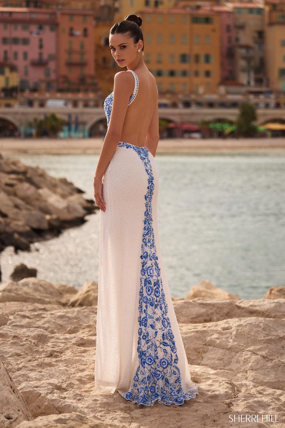 Sherri Hill Beaded Floral Blue Print Gown With Side Cut Out Open Back And Skirt Slit