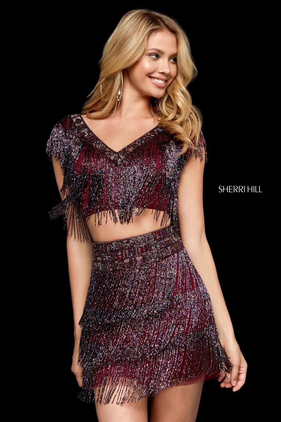 sherri hill Beaded fringe two piece with short sleeve V-neck bodice and fitted cocktail skirt