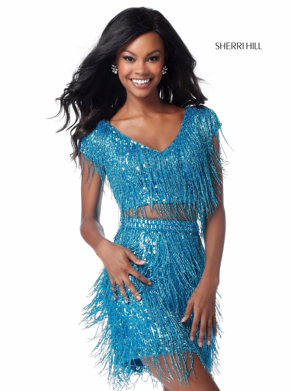 Sherri Hill Beaded Fringe Two Piece With V Neck And Cap Sleeve Bodice
