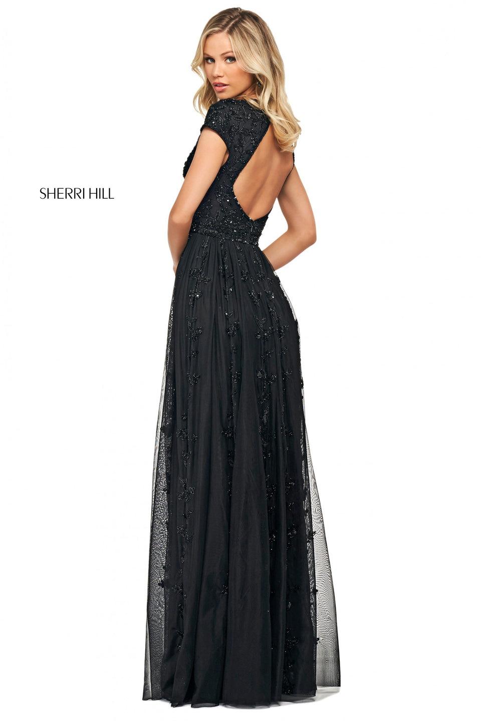 Sherri Hill Beaded Gown With Cap Sleeves And Deep V Neckline With Open Back