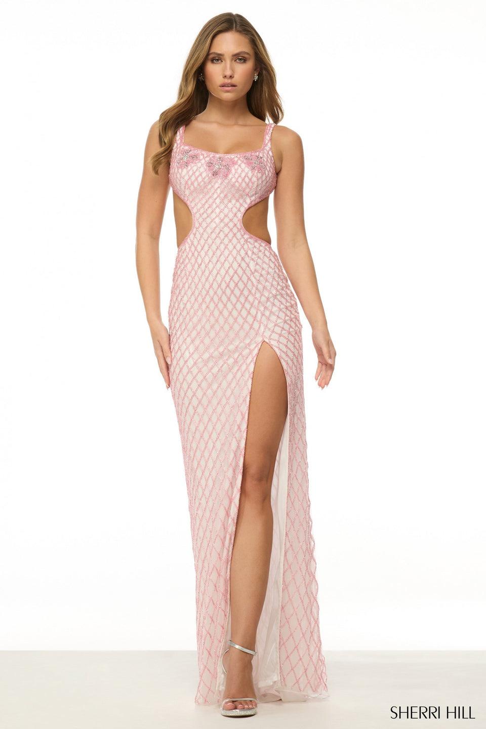 Sherri Hill Beaded Gown With Side Cut Out Open Back And High Slit