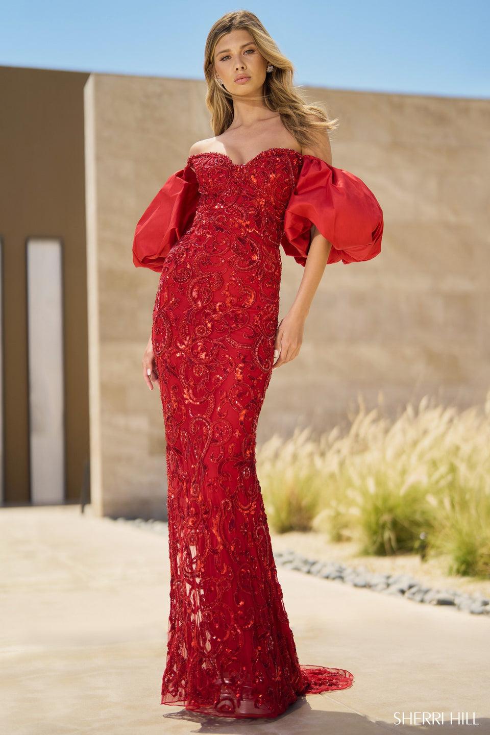 sherri hill Beaded gown with taffeta ballon sleeves sherri hill Beaded gown with taffeta ballon sleeves