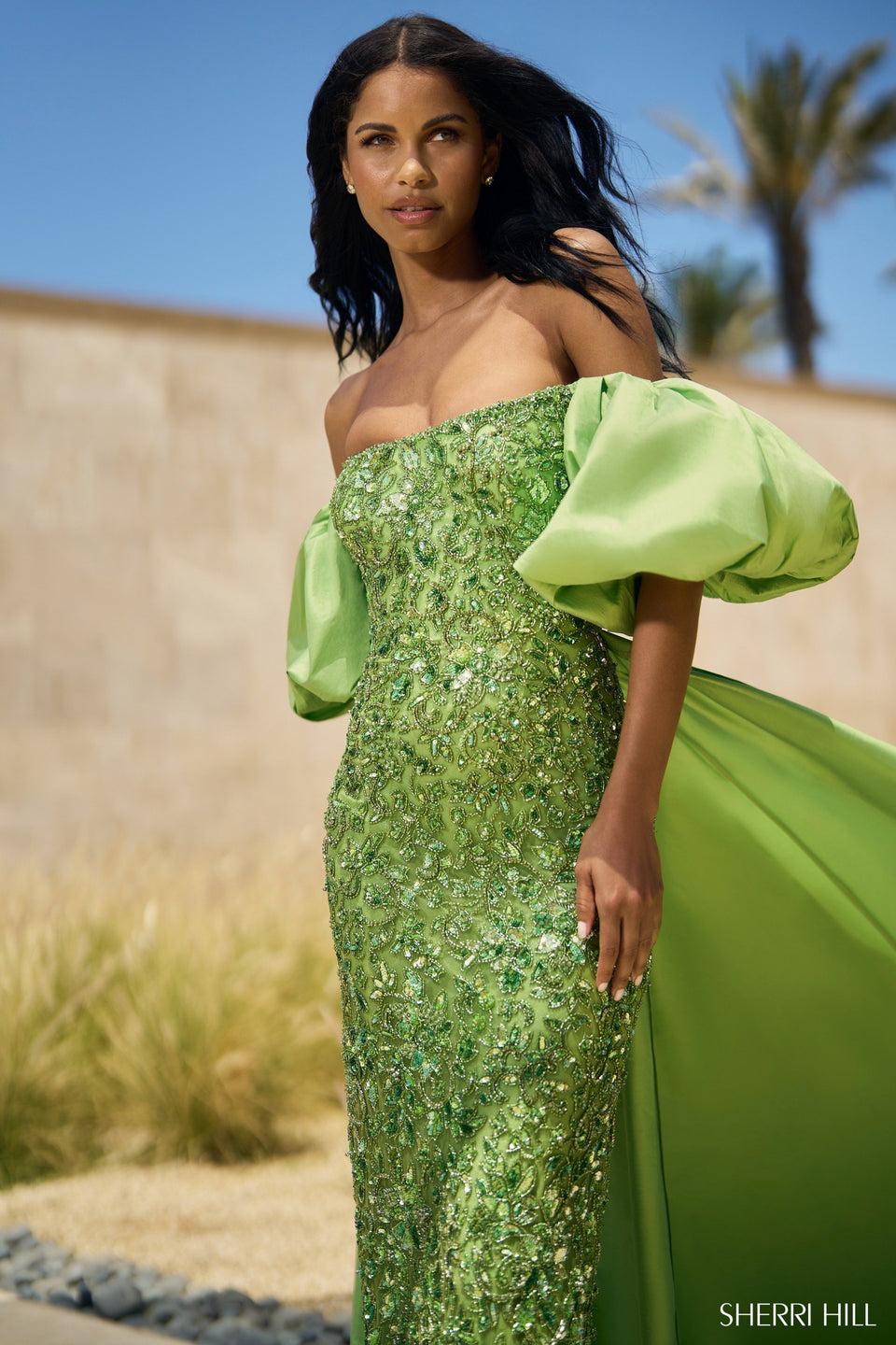 Sherri Hill Beaded Gown With Taffeta Over Skirt And Ballon Sleeves