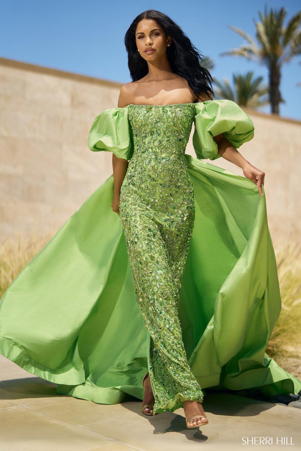 sherri hill Beaded gown with taffeta over skirt and ballon sleeves