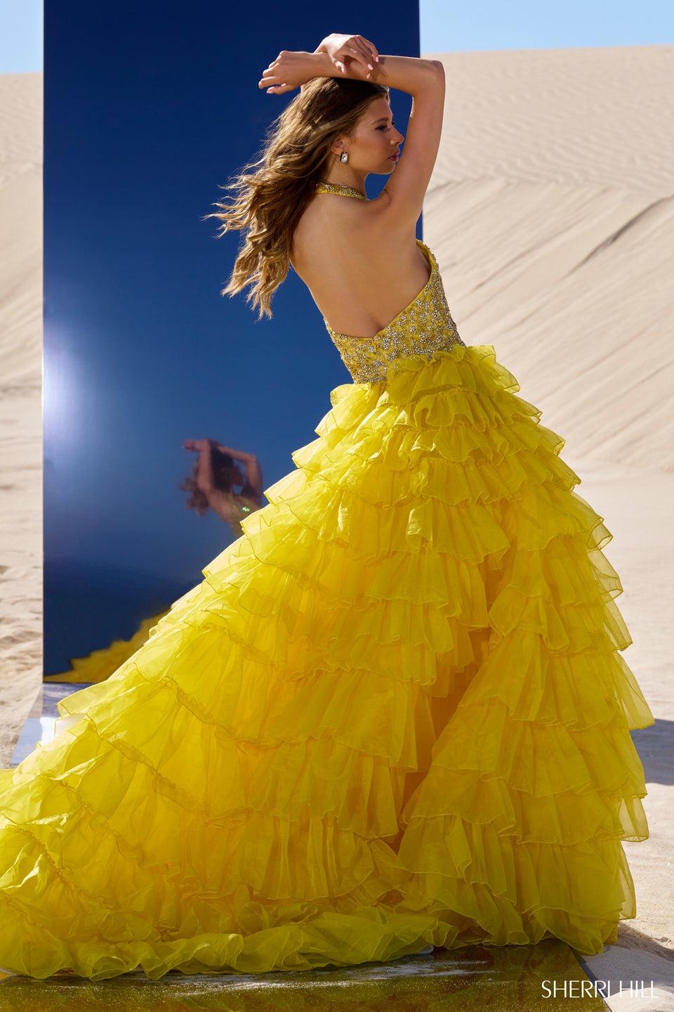 Sherri Hill Beaded Halter Ball Gown With Deep V-neckline And Organza Ruffle Skirt With High Slit