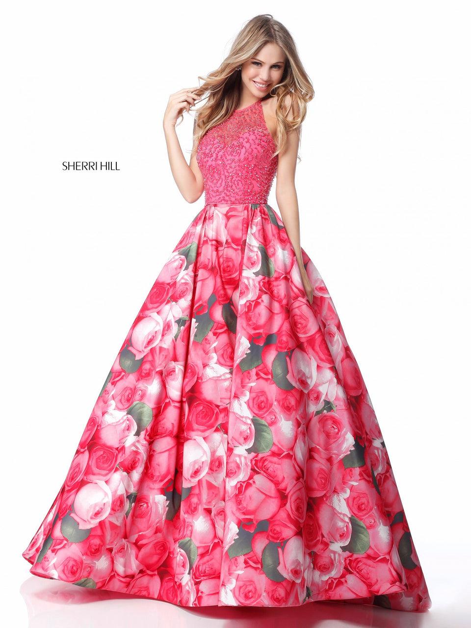 Sherri Hill Beaded Halter Bodice With Floral Print Ball Gown Skirt