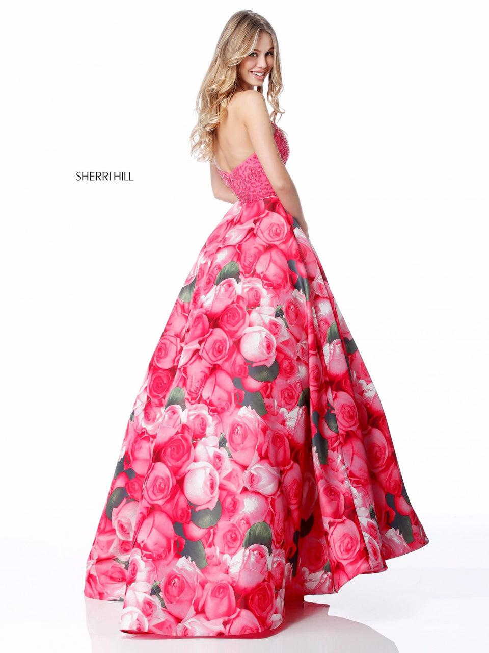 Sherri Hill Beaded Halter Bodice With Floral Print Ball Gown Skirt