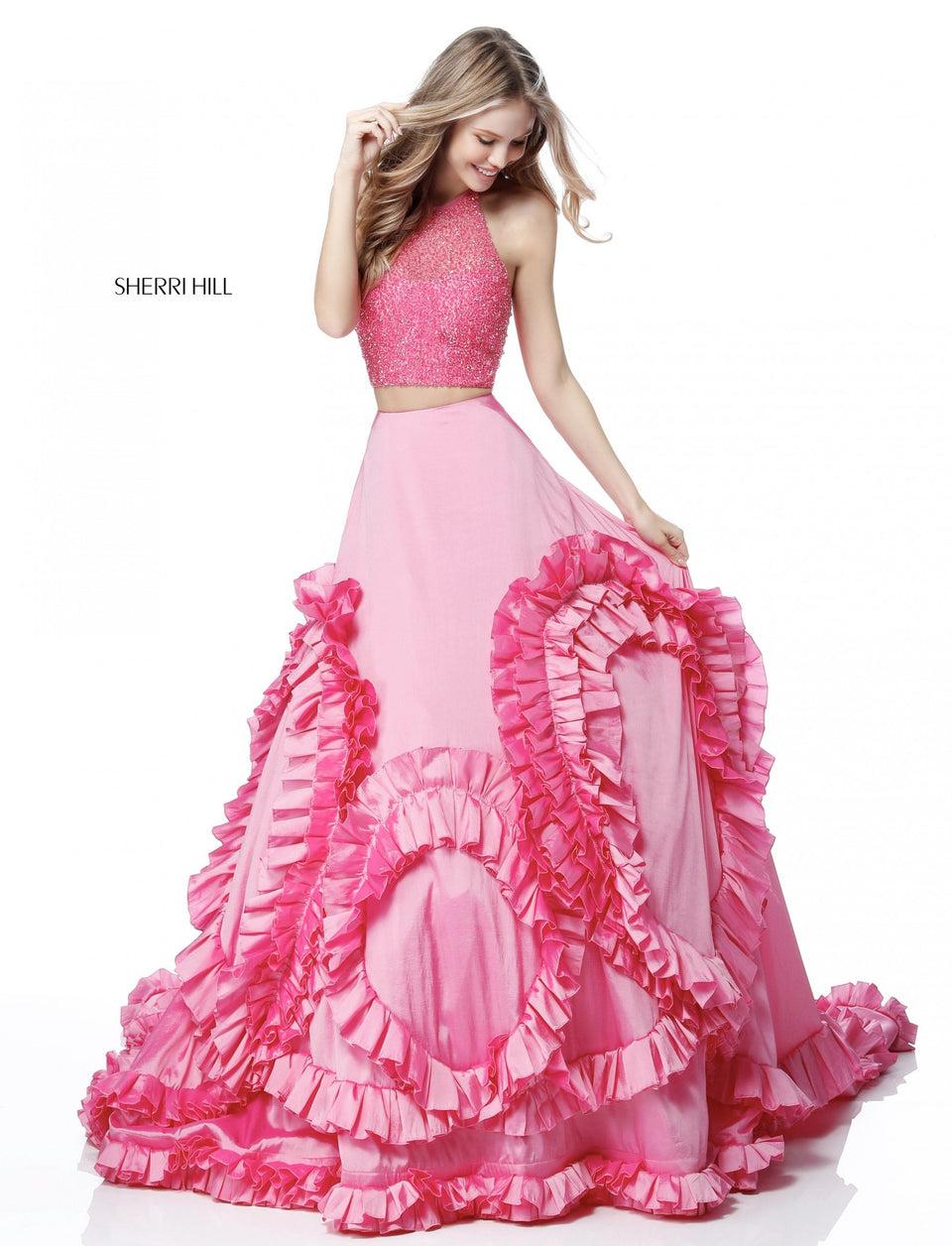 Sherri Hill Beaded Halter Bodice With Ruffled Taffeta Ball Gown Skirt