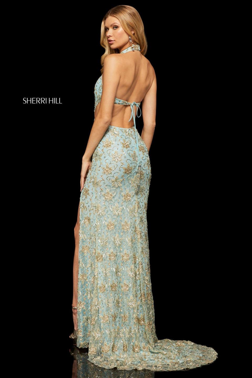 sherri hill Beaded halter neck column dress with slit skirt and side and back cutouts