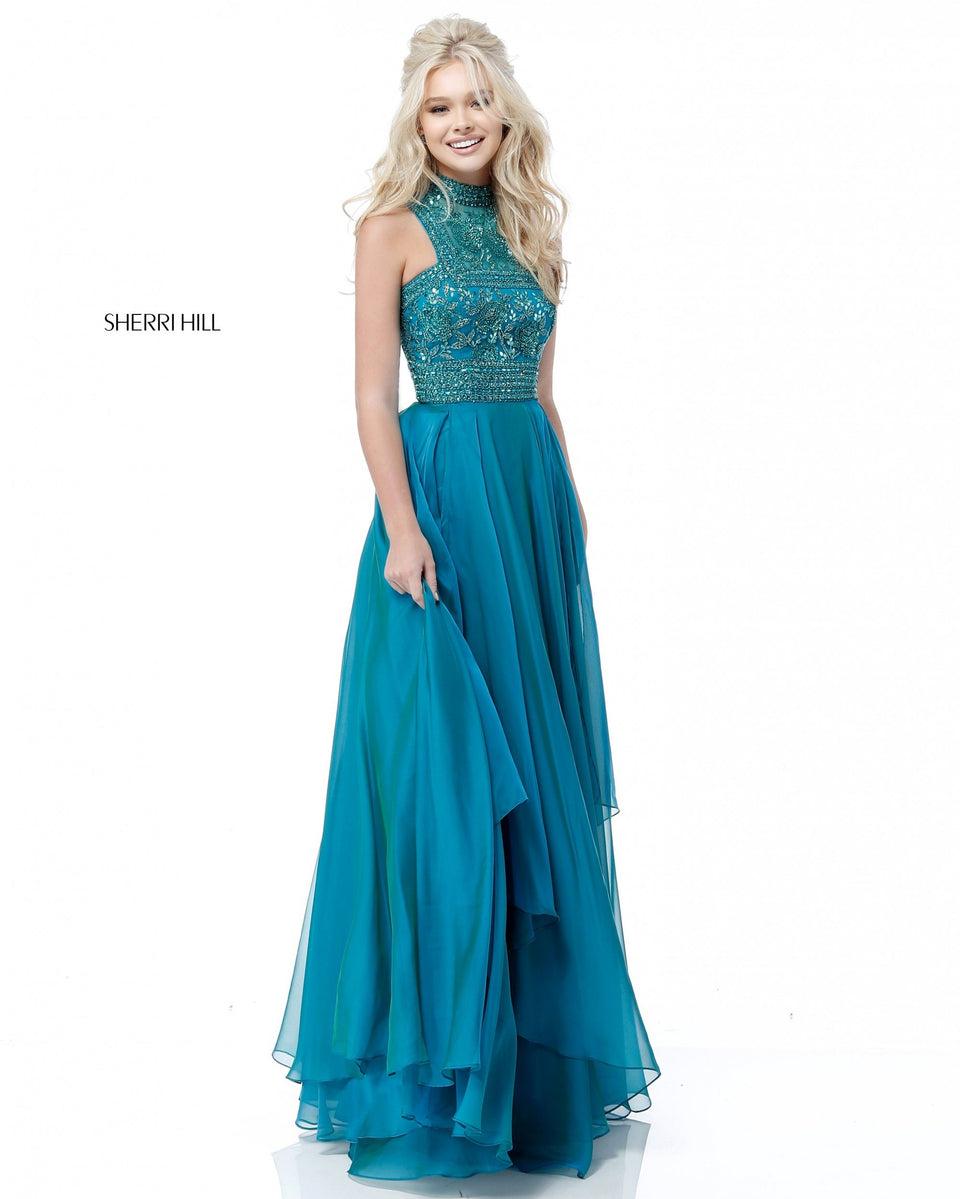 sherri hill Beaded high neck bodice with chiffon skirt