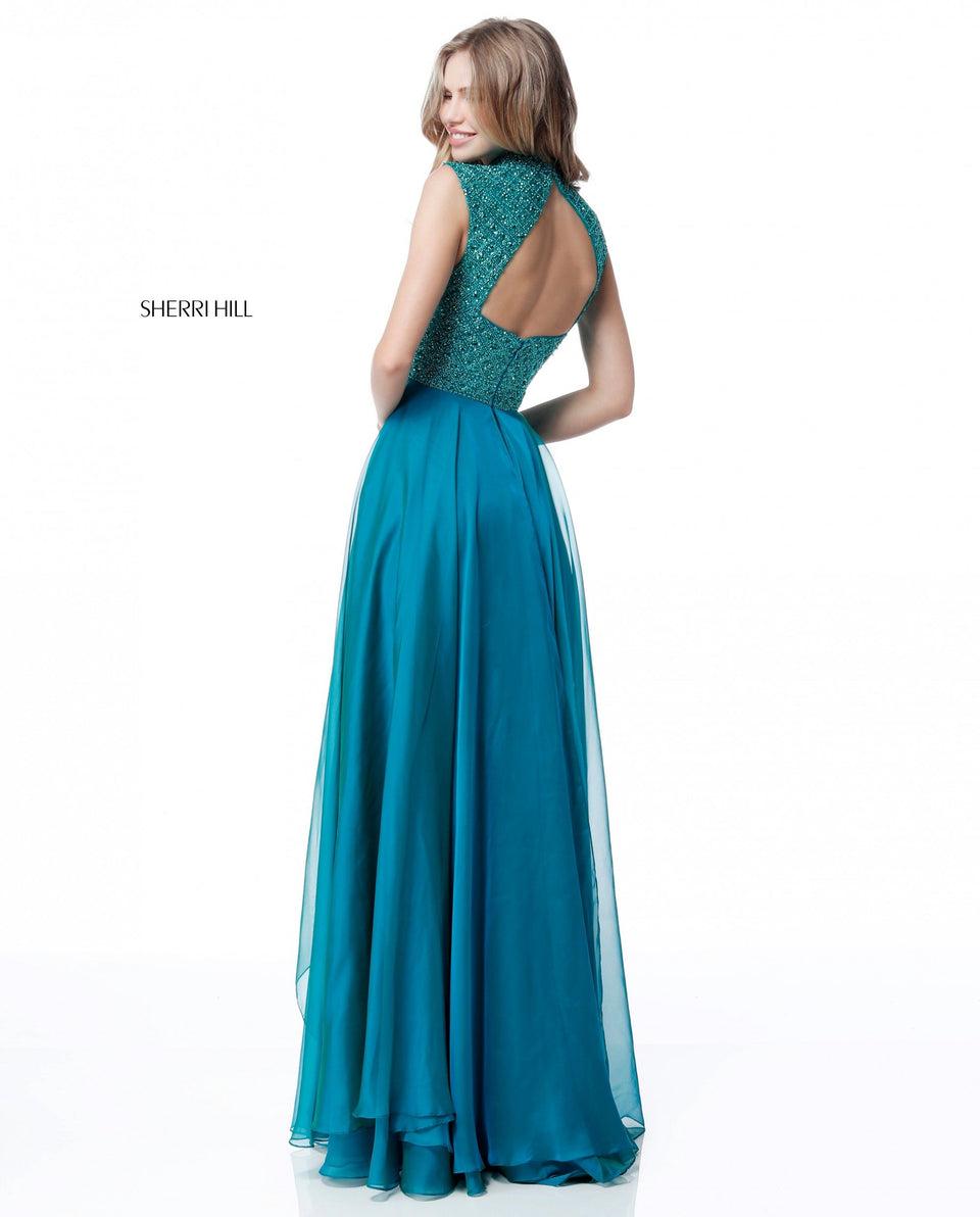 Sherri Hill Beaded High Neck Bodice With Cut Out Back And Chiffon Skirt
