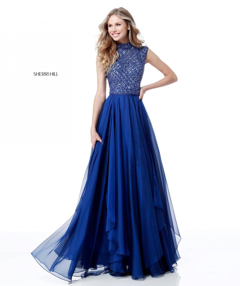 Sherri Hill Beaded High Neck Bodice With Cut Out Back And Chiffon Skirt