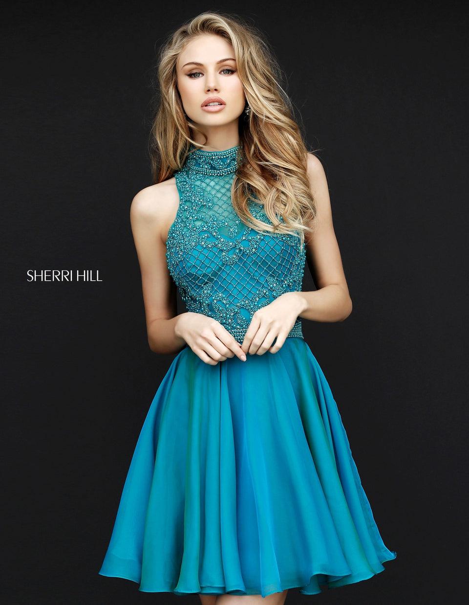 sherri hill Beaded high neck bodice with cut out back and organza skirt