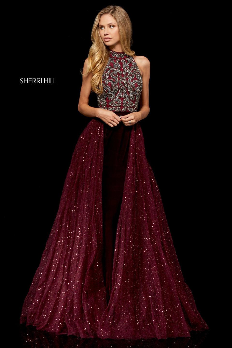 sherri hill Beaded high neck bodice with fitted velvet skirt and sequin tulle overskirt