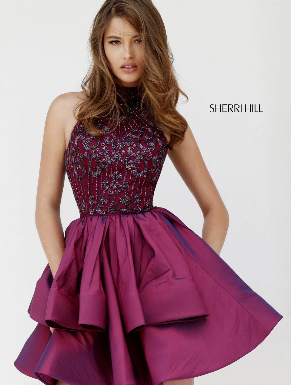 sherri hill Beaded high neck bodice with ruffled taffeta cocktail skirt