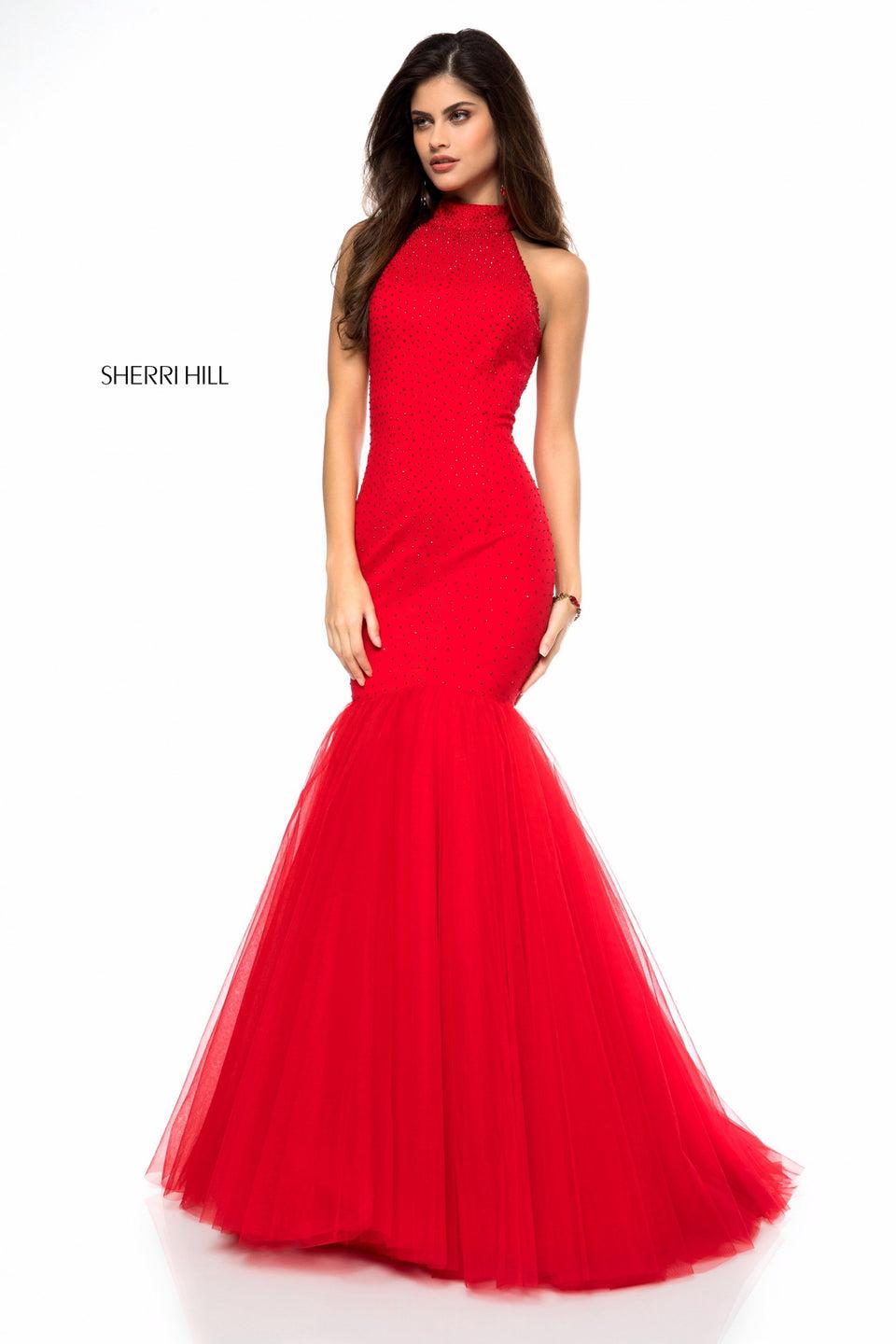 sherri hill Beaded jersey bodice with open back and tulle mermaid skirt