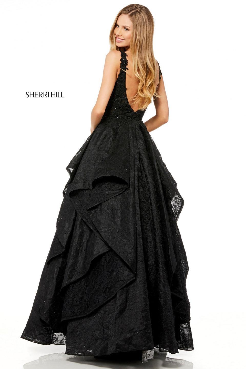 Sherri Hill Beaded Lace Ball Gown With Deep V Bodice And Layered Skirt