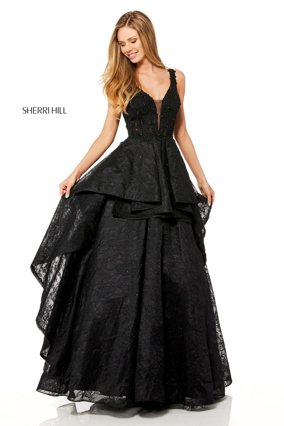sherri hill Beaded lace ball gown with deep V bodice and layered skirt