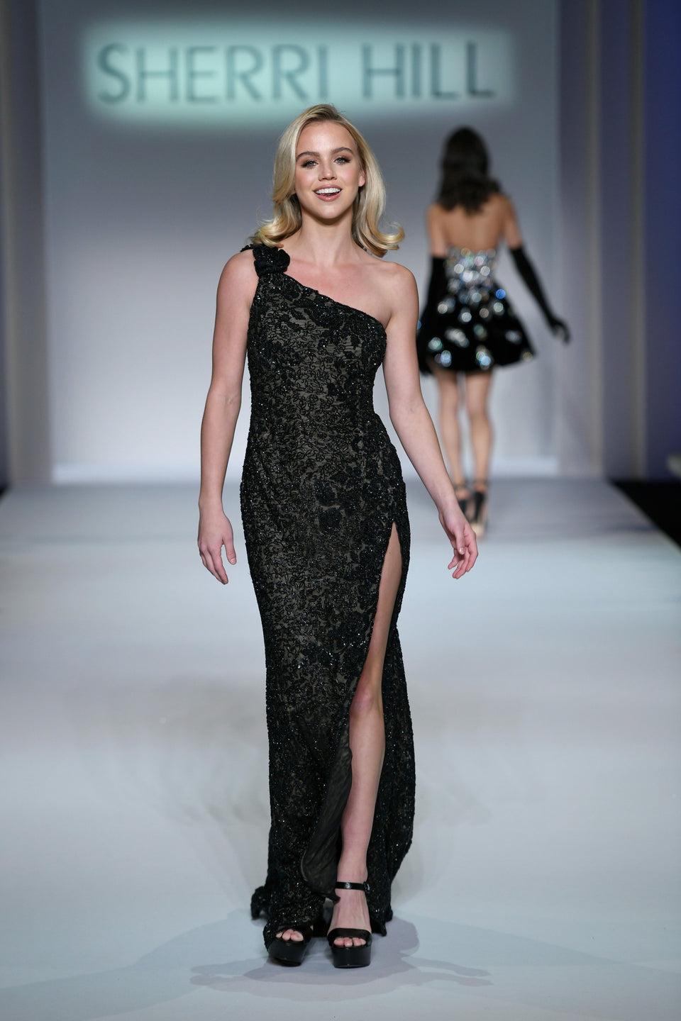 Sherri Hill Beaded Lace One Shoulder Gown With A High Slit