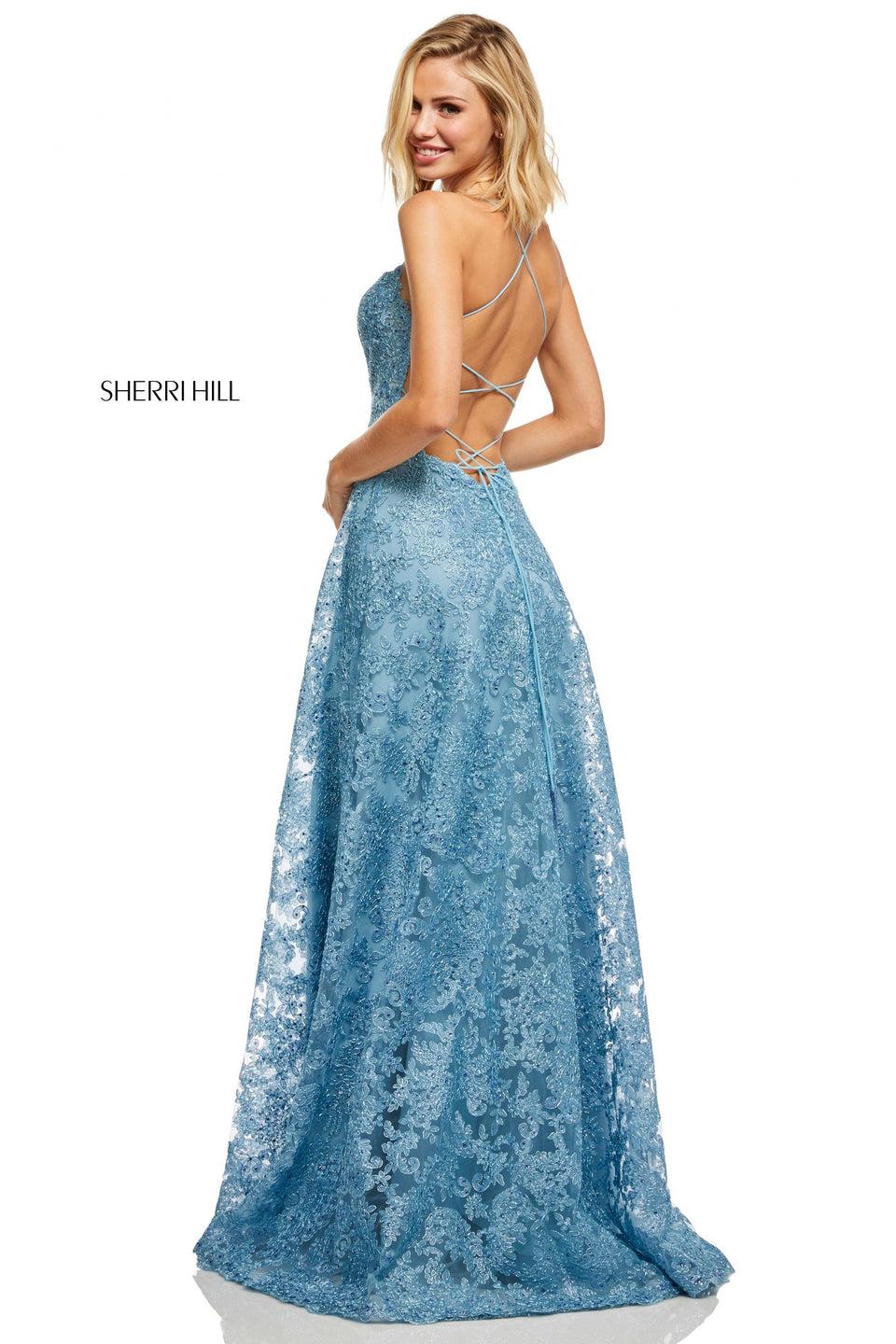 Sherri Hill Beaded Metallic Lace A-line With Skirt Slit And Lace Up Back