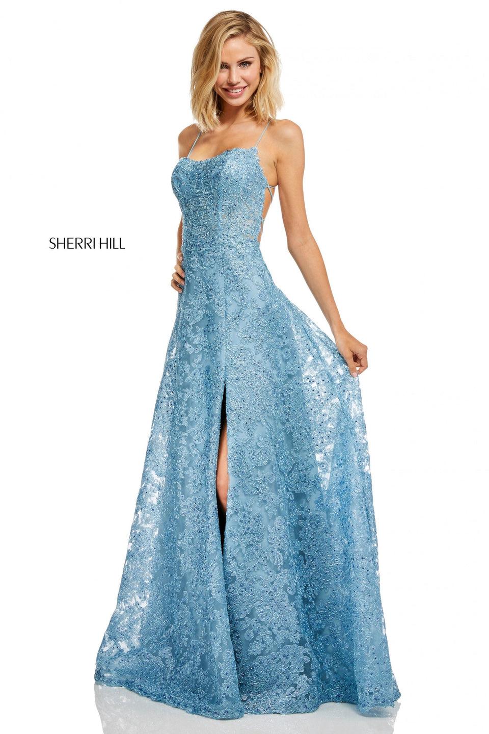sherri hill Beaded metallic lace A-line with skirt slit and lace up back
