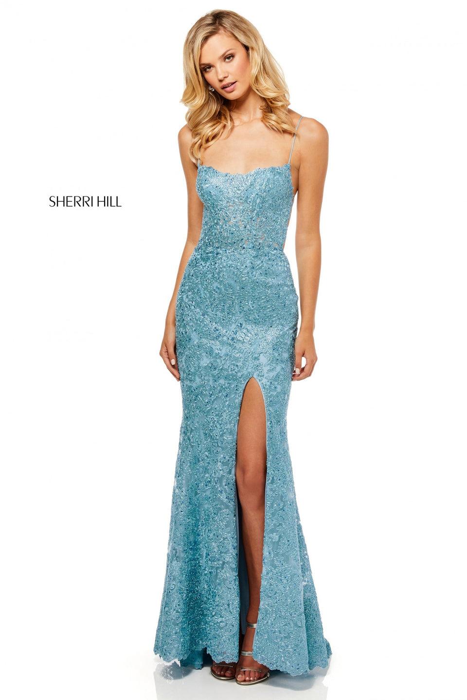 Sherri Hill Beaded Metallic Lace Mermaid With Skirt Slit And Lace Up Back