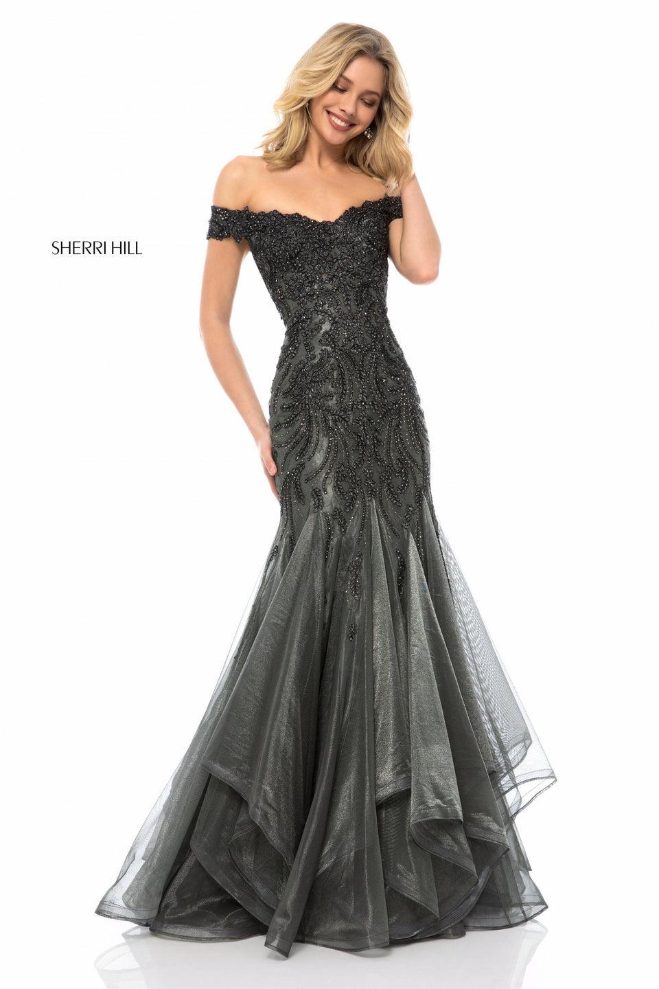sherri hill Beaded off-the-shoulder bodice with a tulle mermaid skirt