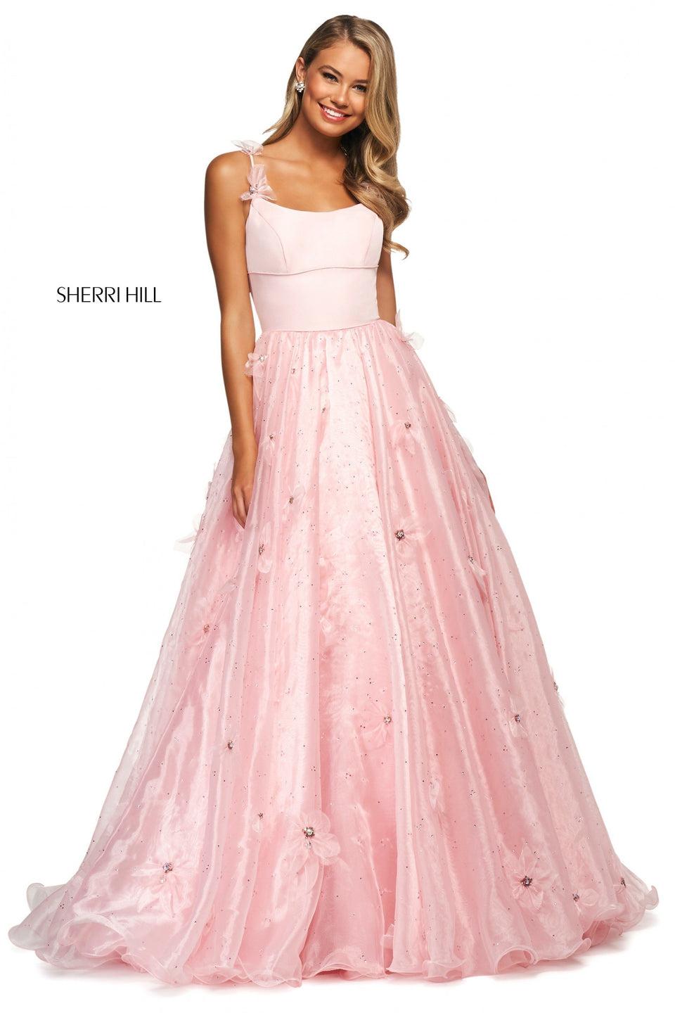 sherri hill Beaded organza ball gown with flower appliques
