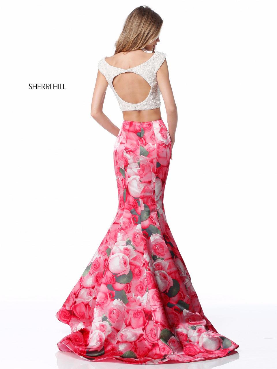Sherri Hill Beaded Solid Color Bodice With Pearl Appliques And Mermaid Floral Print Skirt