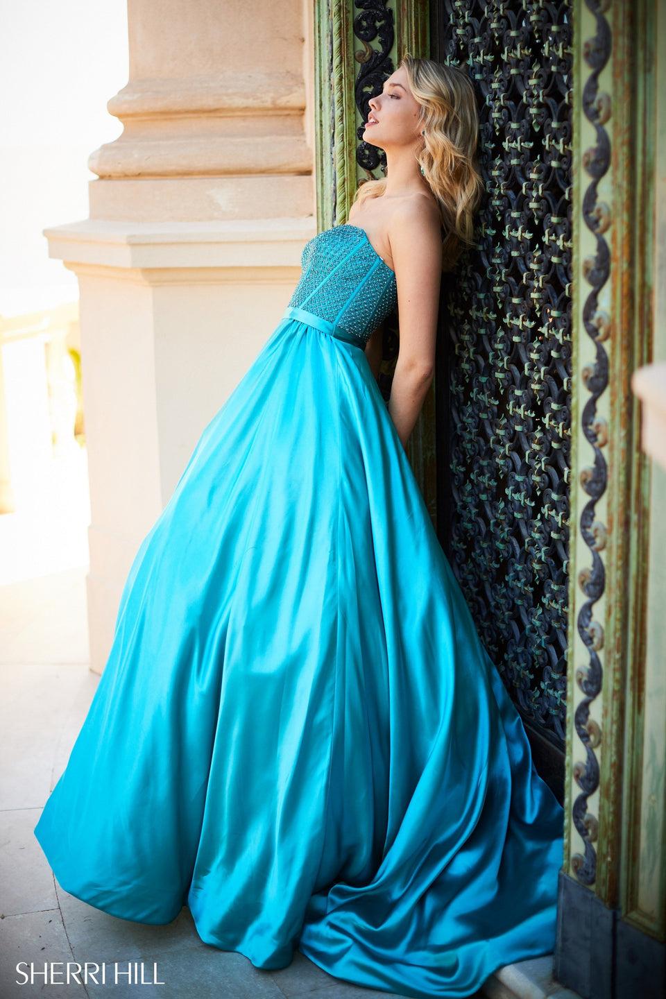 sherri hill Beaded strapless corset bodice with satin ball gown skirt