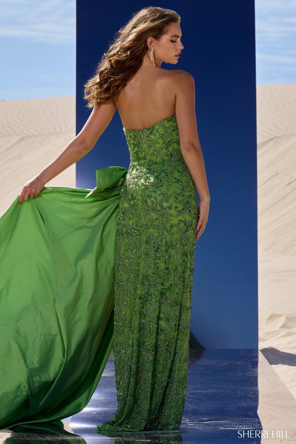 Sherri Hill Beaded Strapless Gown With Taffeta Side Over Skirt And High Slit