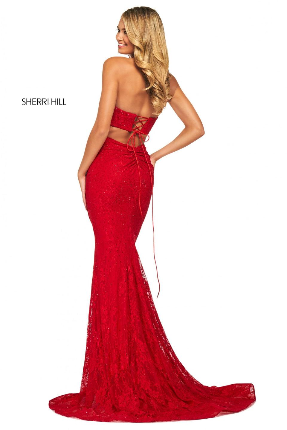 sherri hill Beaded stretch lace fitted gown with strapless neckline and skirt slit with back cut out lace up back and ruched lower back