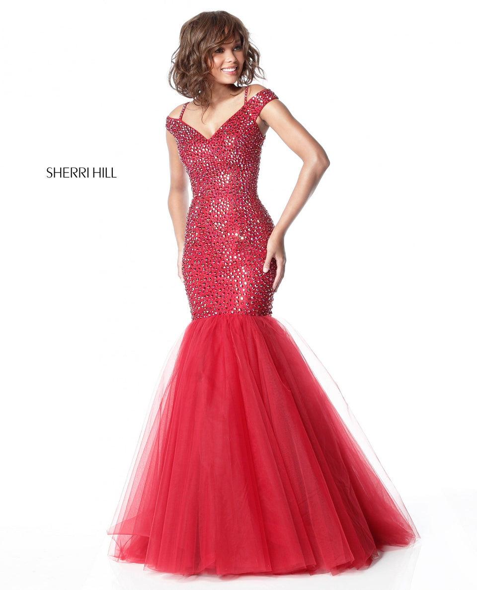 Sherri Hill Beaded Stretch Scuba Gown With Off Shoulder Straps And Tulle Mermaid Skirt
