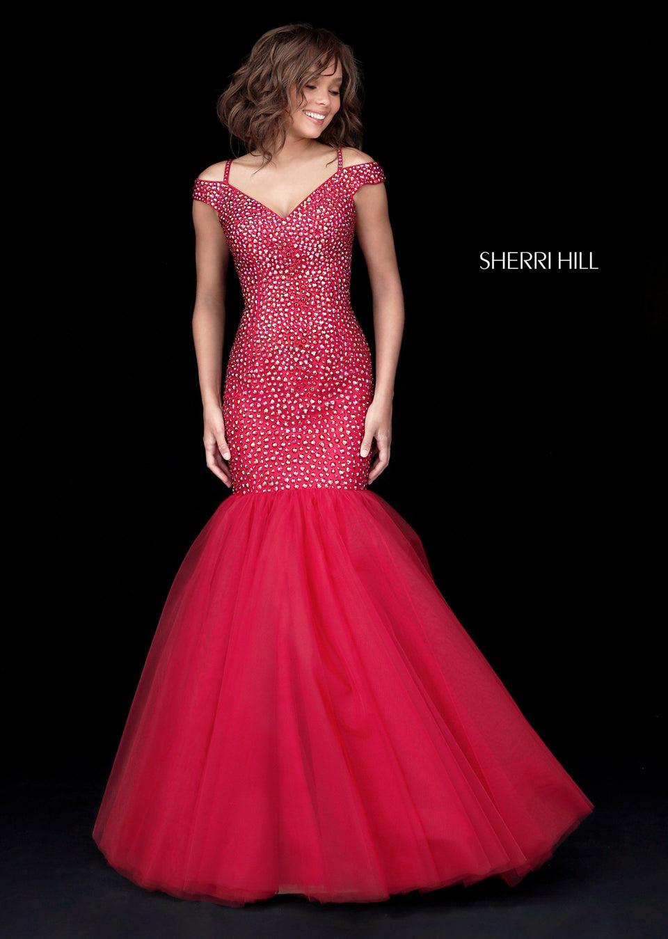 Sherri Hill Beaded Stretch Scuba Gown With Off Shoulder Straps And Tulle Mermaid Skirt