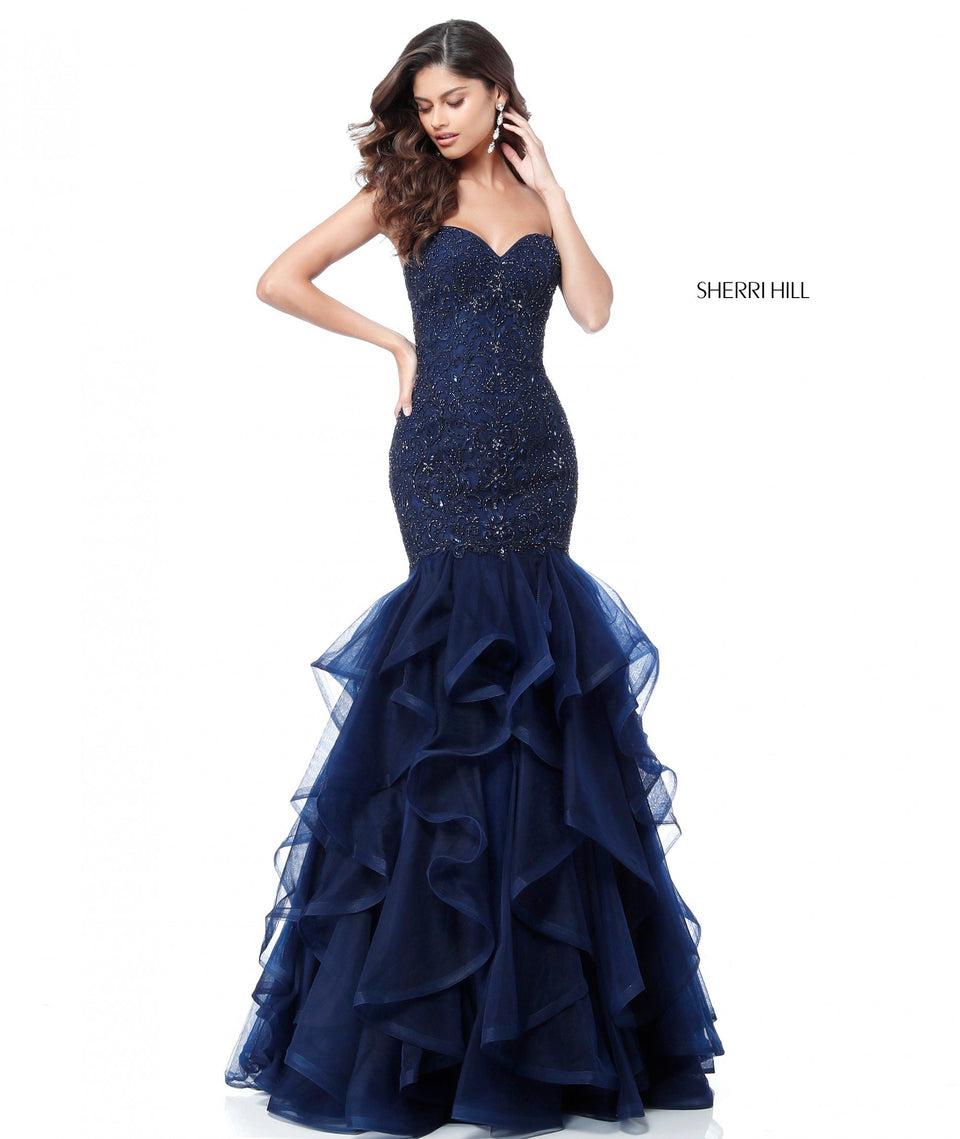 sherri hill Beaded sweetheart bodice with ruffle tulle mermaid skirt