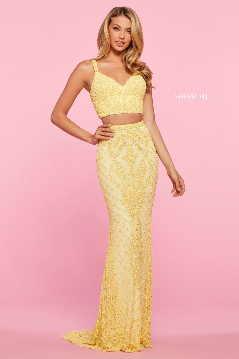 sherri hill Beaded two piece with sweetheart neckline lace up back bodice and long fitted skirt