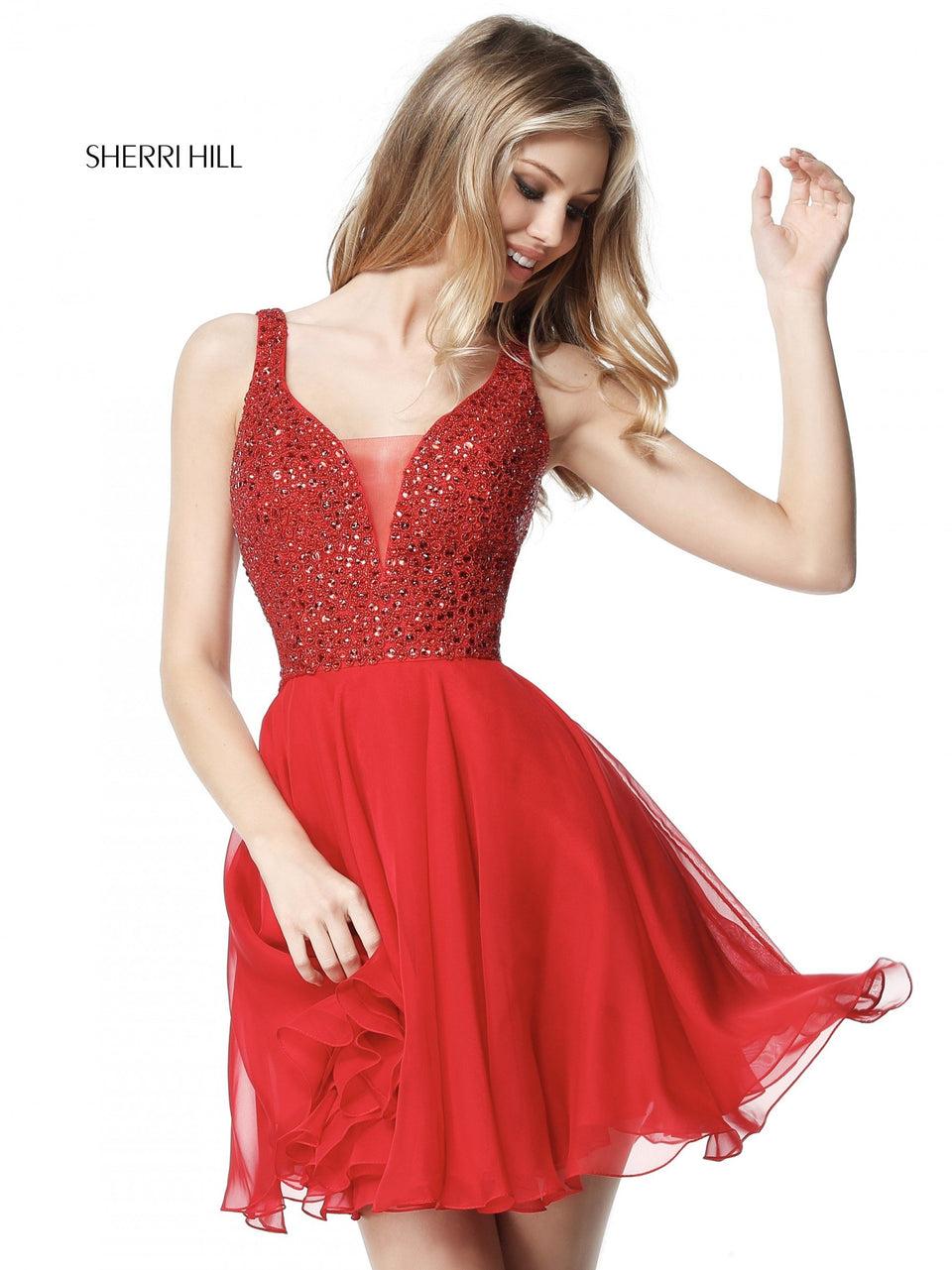 Sherri Hill Beaded V Neck Bodice With Chiffon Cocktail Skirt