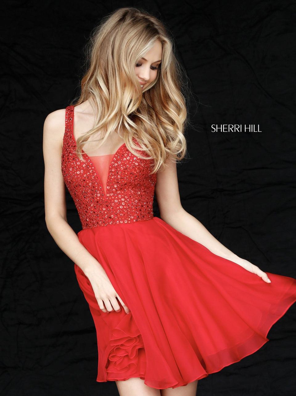 sherri hill Beaded V neck bodice with chiffon cocktail skirt