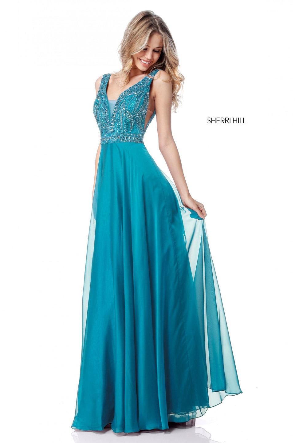 Sherri Hill Beaded V Neck Bodice With Low Back And Chiffon Skirt