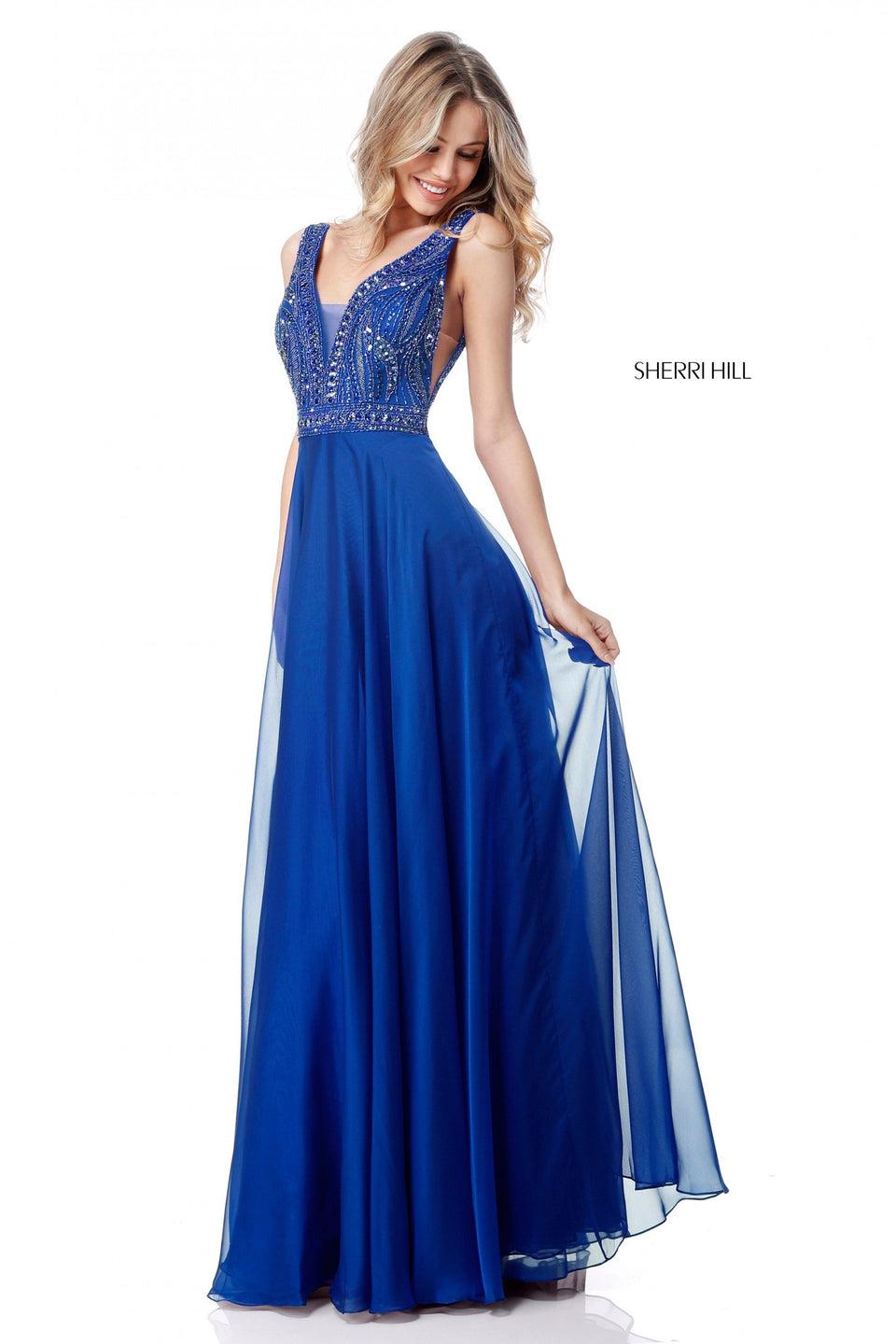 Sherri Hill Beaded V Neck Bodice With Low Back And Chiffon Skirt