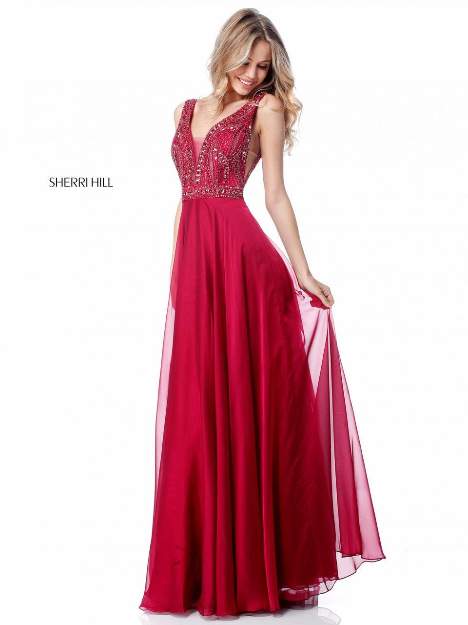 sherri hill Beaded V neck bodice with low back and chiffon skirt
