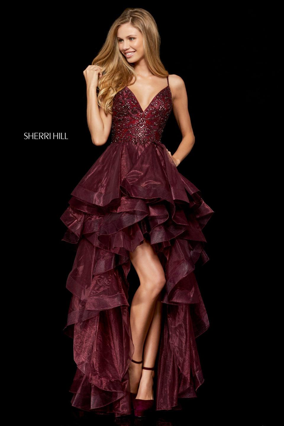 sherri hill Beaded V-neck bodice with ruffled high-low organza skirt