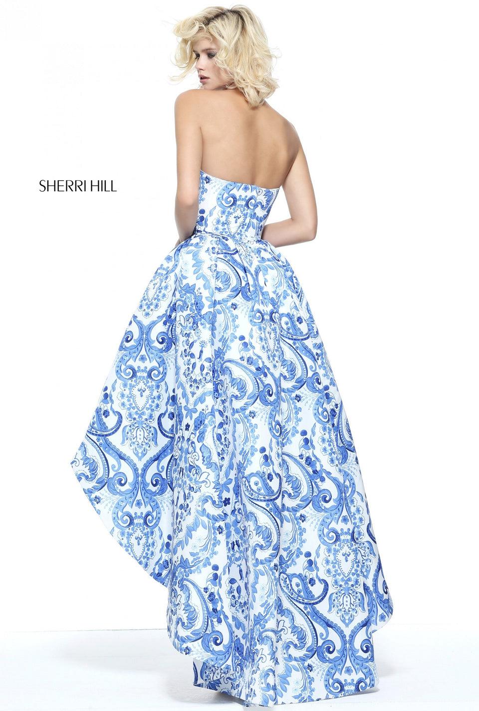 Sherri Hill Blue And Ivory Print Strapless High-low