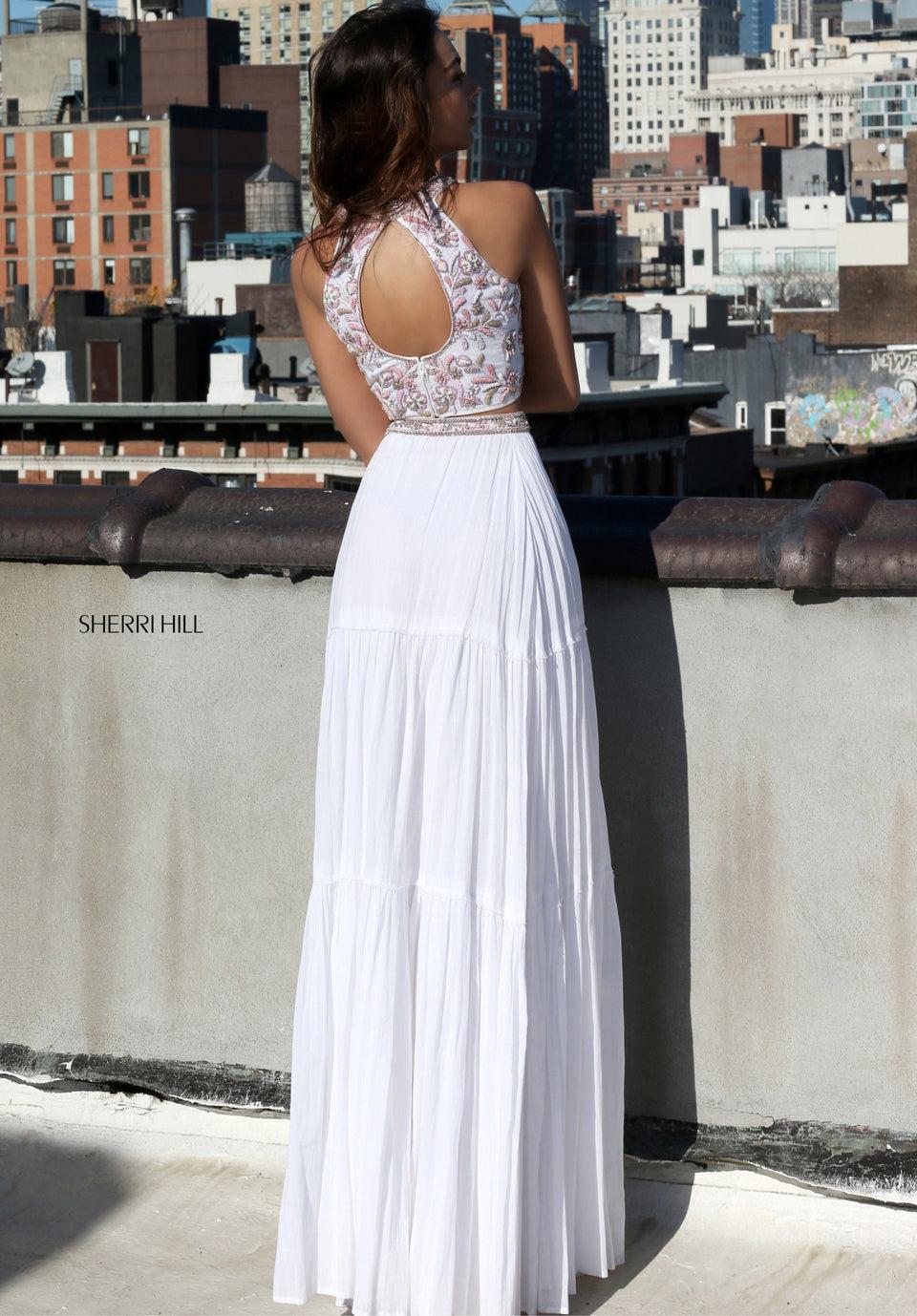 Sherri Hill Bohemian Inspired Two-piece With A Beaded Bodice And Tiered Linen Skirt