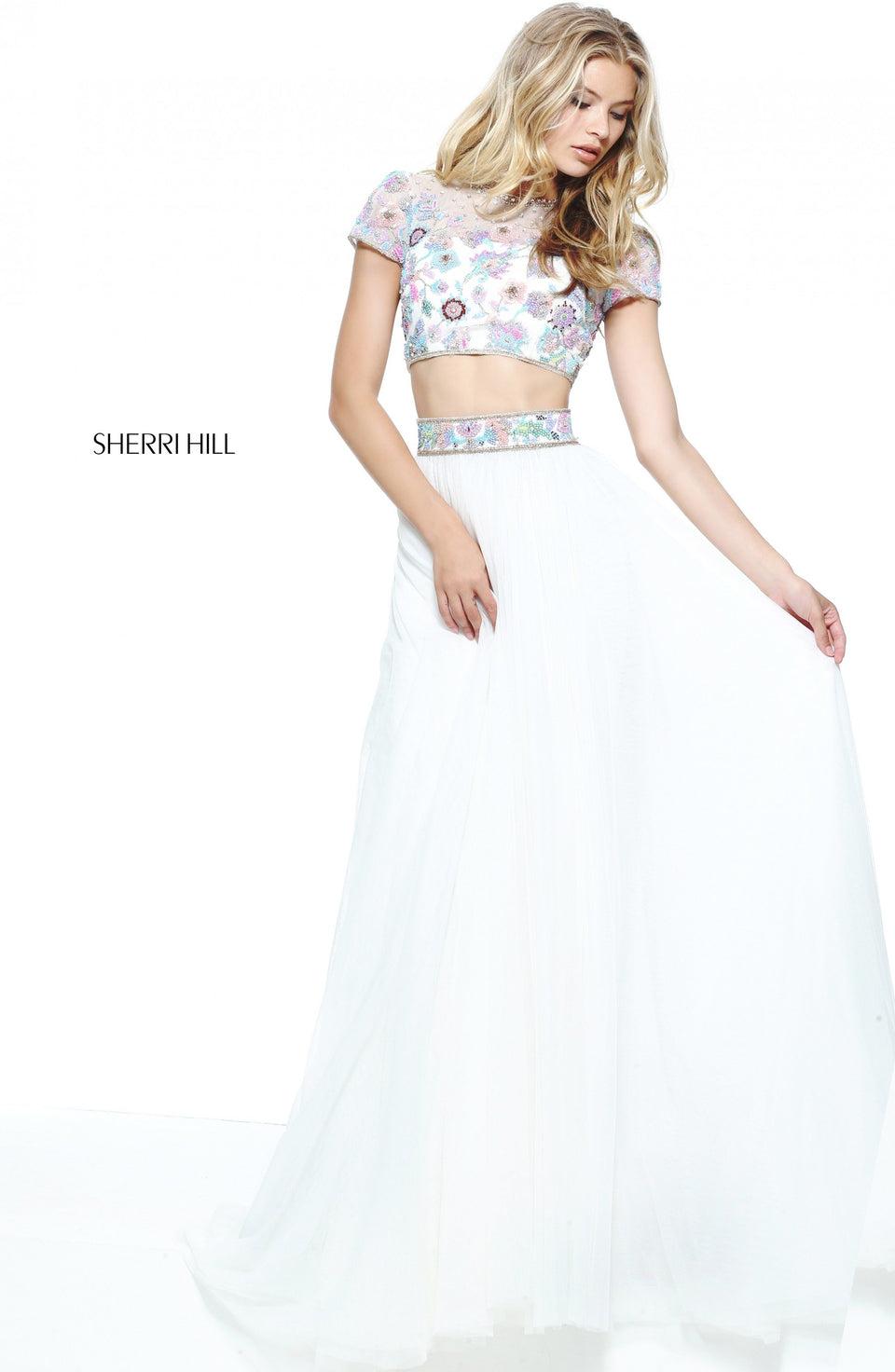 sherri hill Bohemian inspired two-piece with a beaded bodice and matching waist band