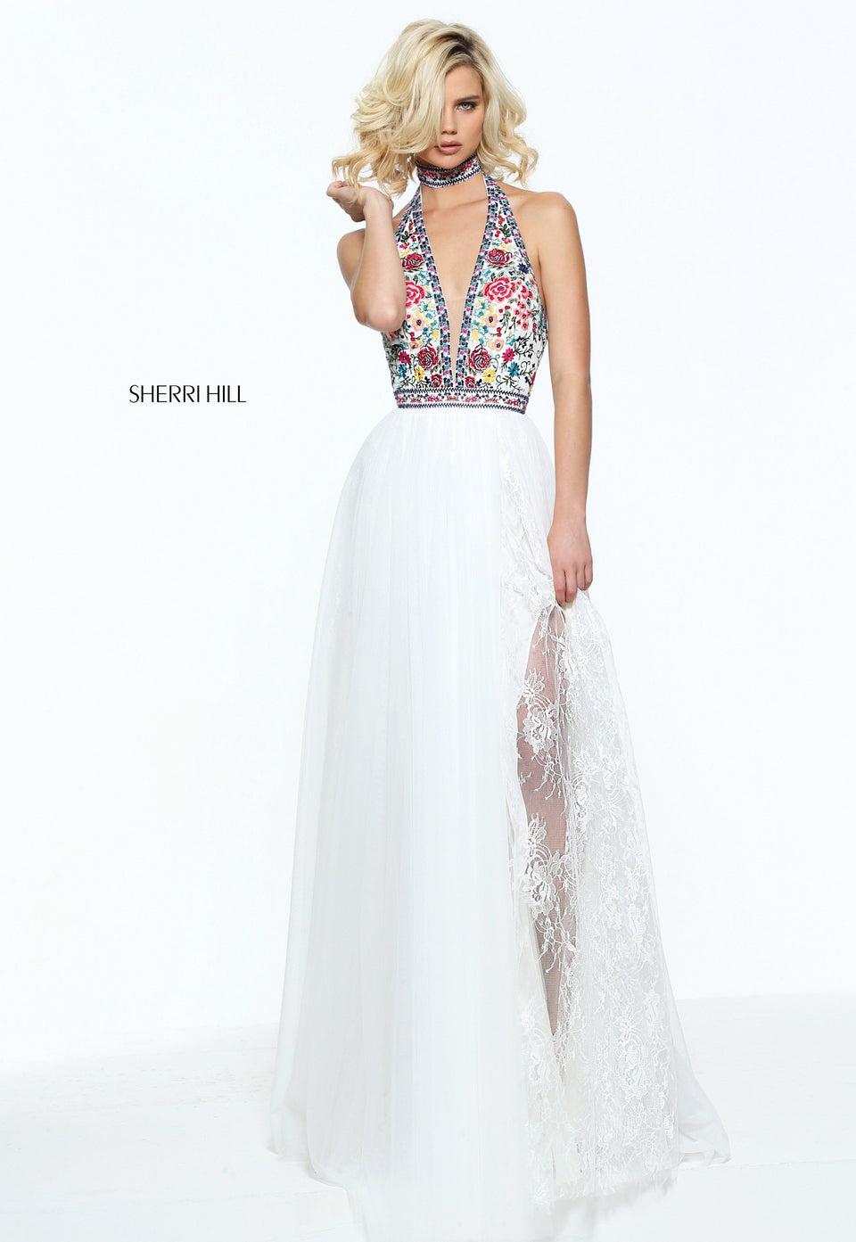 Sherri Hill Bohemian Print Halter With Embroidered Flowers Matching Choker And A Tulle And Lace Skirt