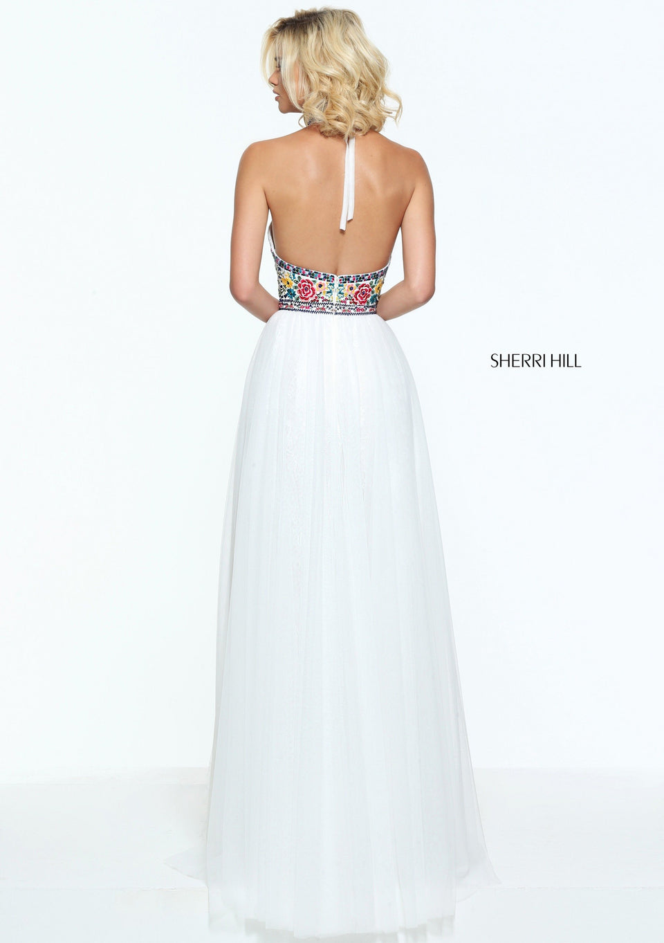 Sherri Hill Bohemian Print Halter With Embroidered Flowers Matching Choker And A Tulle And Lace Skirt