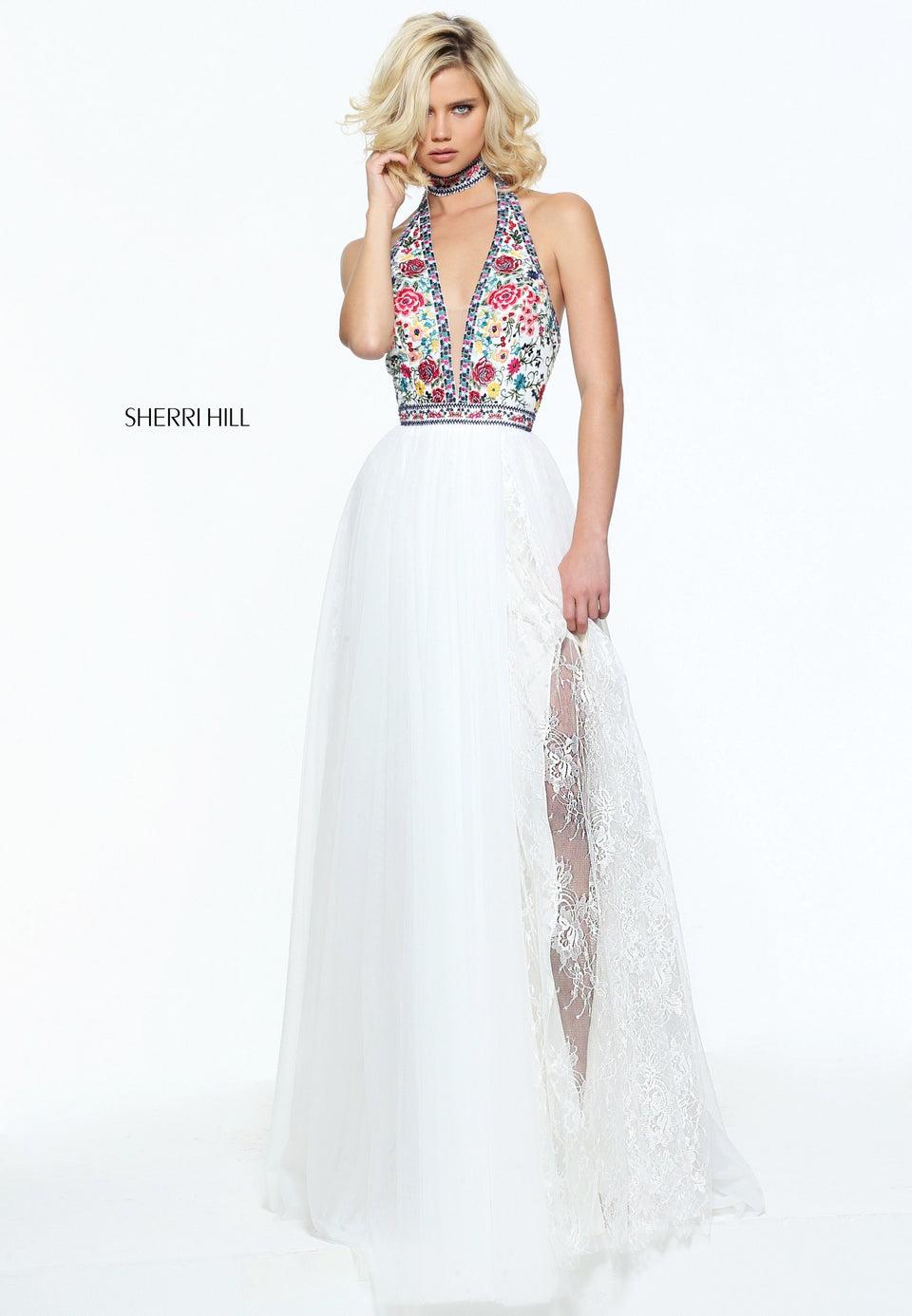 Sherri Hill Bohemian Print Halter With Embroidered Flowers Matching Choker And A Tulle And Lace Skirt