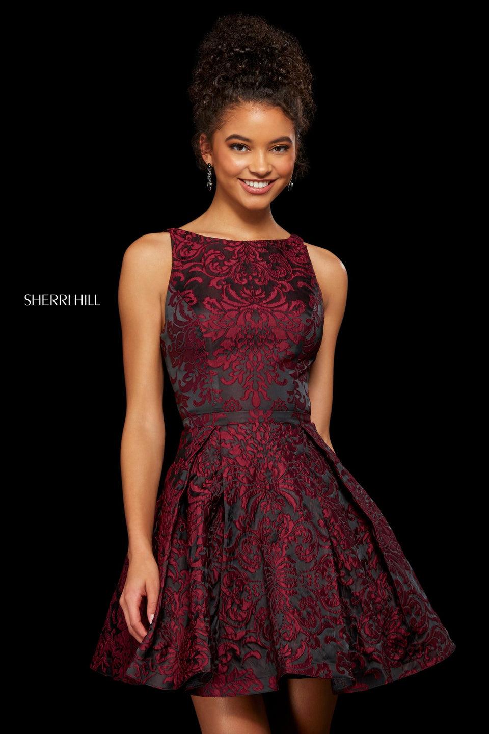 Sherri Hill Brocade A-line Cocktail Dress With A Boat Neckline And Cut Out Back