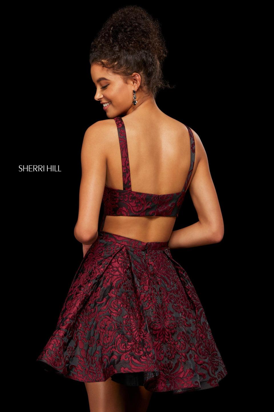 Sherri Hill Brocade A-line Cocktail Dress With A Boat Neckline And Cut Out Back